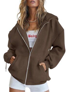 Women's Coffee Long Sleeve Pockets Fall Zip Up Hoodies Sweatshirts Track Jackets